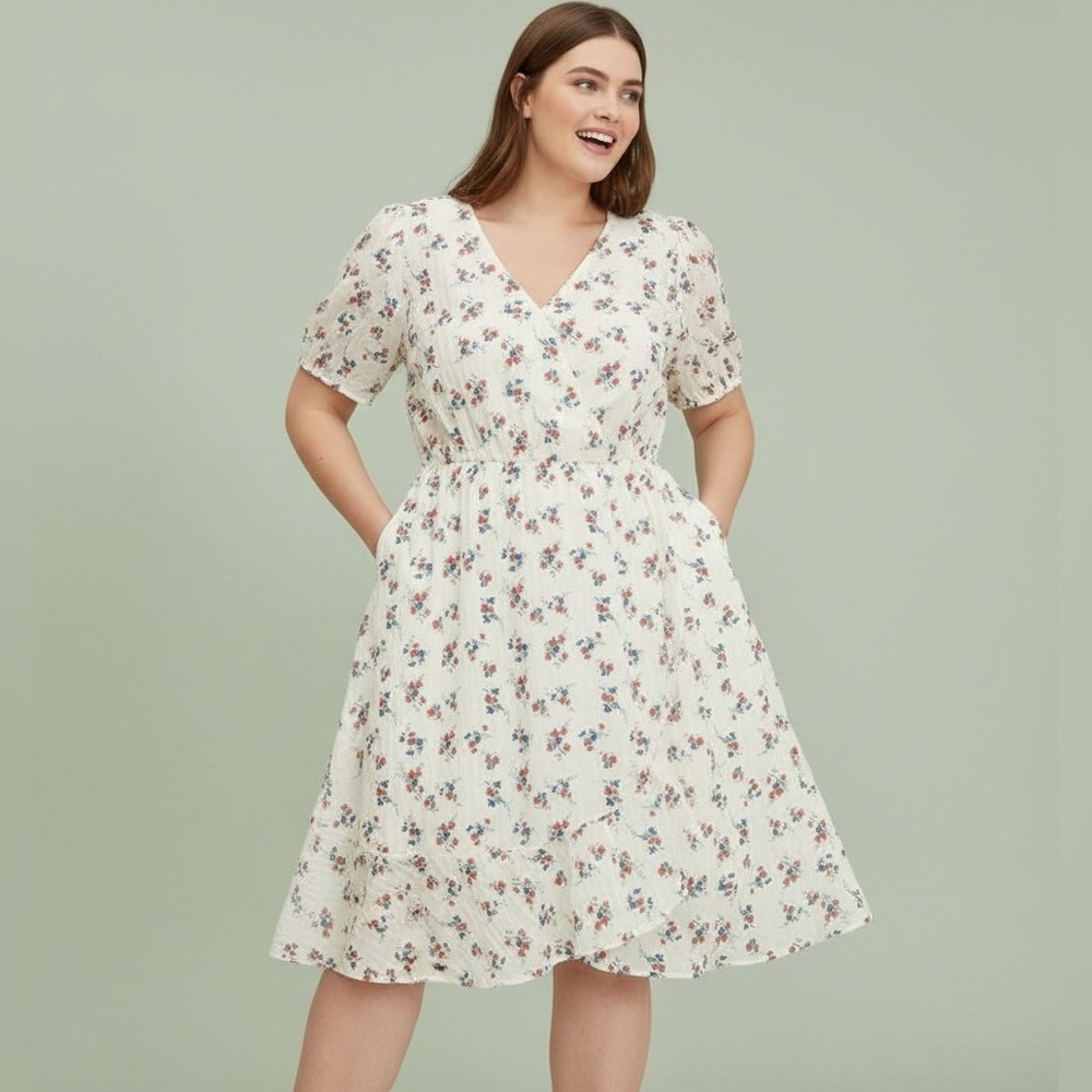 Plus Size 14  16  1x BloomChic Cute Floral Dress mock wrap dress with Pockets